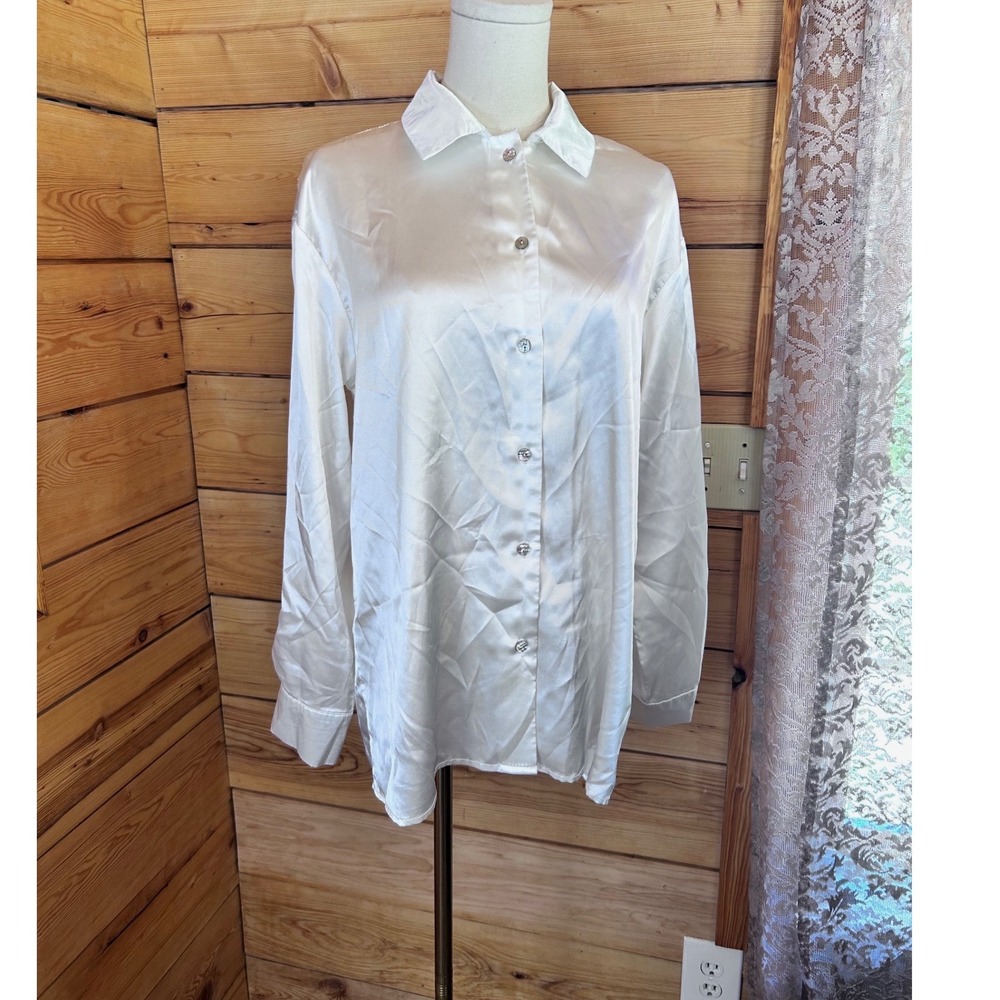 Vintage Blouse Womens Large Ivory Iridescent Shell Button Up Glossy Shimmer Top